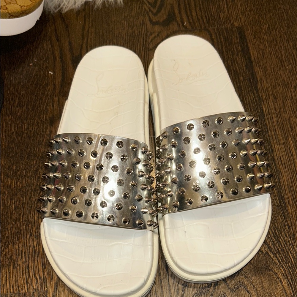 Christian Louboutin White and Silver Studded Slides. Pre loved prices are firm